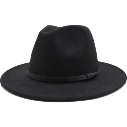 Seioum Black Wool Felt Jazz Fedora Hats Belt Buckle Decor Women Unisex Wide Brim Panama Trilby Cowboy Cap Sunhat