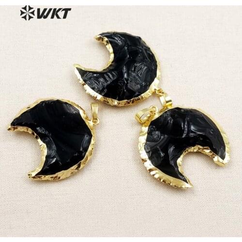 WT-P1322 WKT Fashion Mysterious Necklace Design Pendant Natural Black Obsidian Pendant Moon Shape Pendant Jewelry Findings