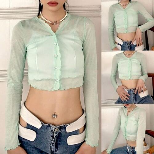 Women Summer Long Sleeve Green T-Shirt Sexy See-Through Mesh Ribbed Slim Crop Top Ruffles Trim V-Neck Buttons Cardigan