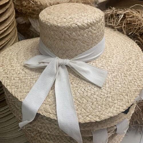 Elegant Natural Handmade Raffia Bow Tie Flat Top Wide Brim Straw Hat For Women Summer Beach Vacation Casual Sun Hats Chapeu Cape