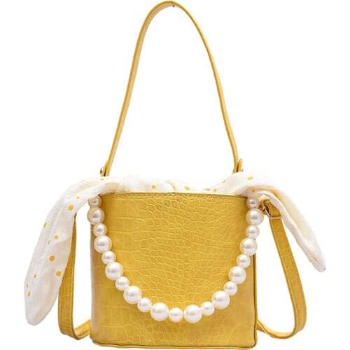 New Womens Crocodile Pattern Pearl Handbag Fashion Daisy Print Tie Wild Bucket Bag Casual Shoulder Crossbody Bags