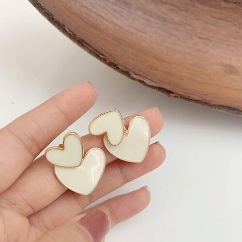 2021 New Fashion Korean Drop Earrings For Women Elegant White Enamel Double Heart Earring Girls Party Wedding Jewelry Gifts