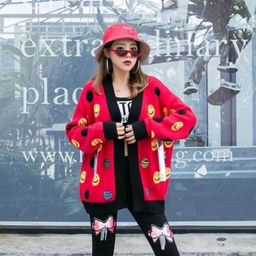 High quality 2019 Autumn New Womens Coat loose knitted sweater Cute Smiley Letter knit cardigan sweet casual knitwear