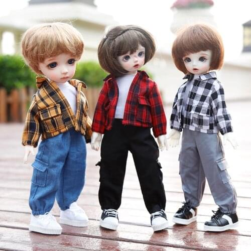 1/6bjd doll clothes YOSD plaid shirt + short sleeve T-shirt + pocket overalls set 30cm doll clothes accessories toy pants