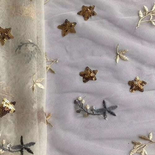 3Y/lot flower embroidery lace star mesh sequins fabric 3colours girl dress cloth accessories DIY material FT031