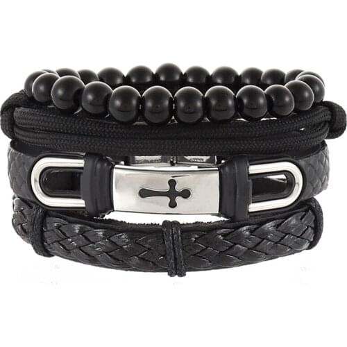 4pcs/set hippie punk black leather cross band clip charm cord knots beads Layers stackable wrap wide Bracelet Bangles for man