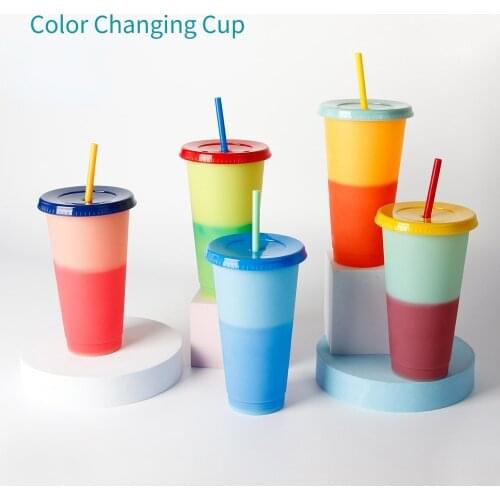 710ml Magical Plastic Cold Water Color Changing Cup Discoloration Changing Reusable Colour Cold Cup With Lid Straws Water Mugs