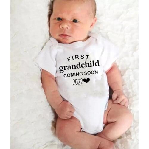 Newborn Baby Bodysuit Cute Summer Boys Girls Romper First Grandchild Coming Soon 2022 Letter Clothes Outfits Baby Street Wear