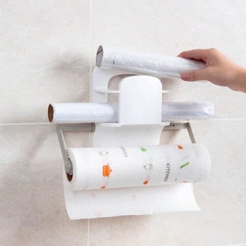 Plastic Kitchen Organizer Cling Film Holder Storage Rack with 2 Hooks Fridge Wall Mounted Towel Roll Paper Holder Rack Shelf