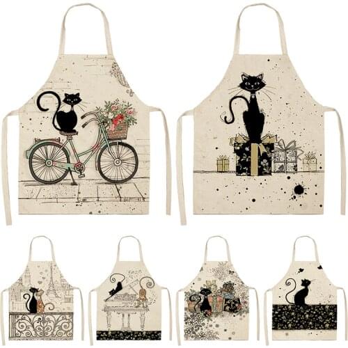 Black White Cat Letter Kitchen Aprons For Women Cotton Linen Bibs Household Cleaning Pinafore Home Cooking Apron 53*65cm WQL0124