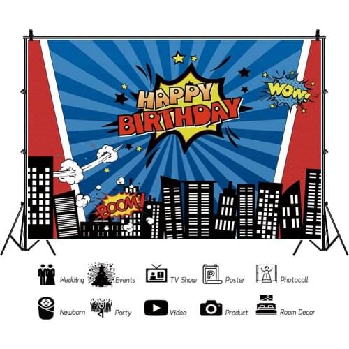 Tall Building Hero Children Backdrops Photography Blue and Red Kids Birthday Party Photo Background for Shooting Decor