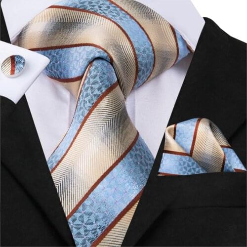 Hi-Tie Famous Brand Necktie For Men White Blue Striped Ties Hanky Cufflinks Set 100% Silk Ties For Wedding Party C-3015