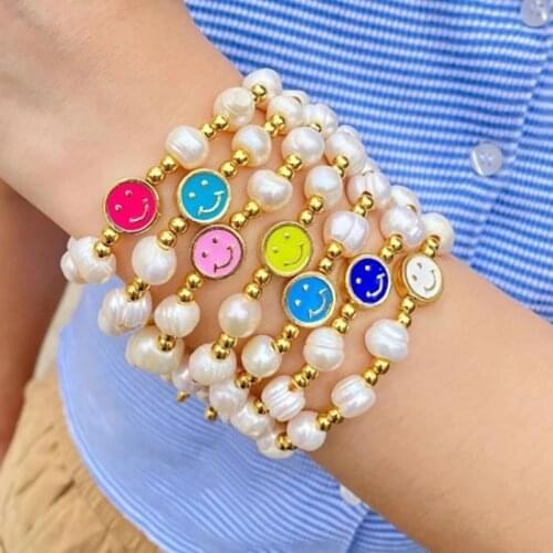 ZHINI Personality DIY Smiley Face Pendant Bracelets for Women 2021 Trendy Charming Imitation Pearls Bangle Bracelet Jewelry Gift