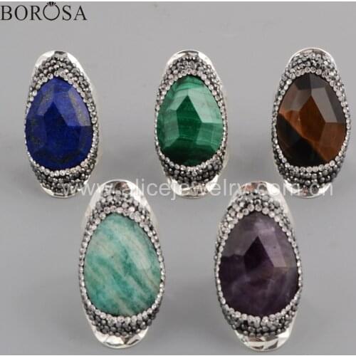 BOROSA 5PCS wholesale Lapis Lazuli Faceted Drop Paved Crystal Band Rings Amethysts malachite tiger eye Amazonite Rings JAB956-2
