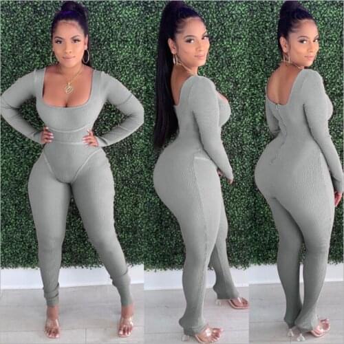 Jumpsuit Women One Piece Suit Jumpsuit Autumn Casual Threaded Long Sleeve U-Neck Back Zipper Bodycon Jumpsuit for Women New