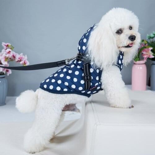 Dog Costume Polka Dot Hooded Dog Cotton-padded Jacket with Chest Back Traction Winter Warm Pet Jacket dog clothing