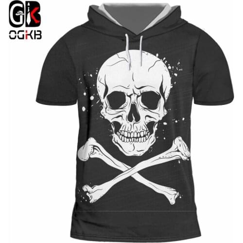 OGKB Summer Tops Hiphop Punk Gothic Short Sleeve Hoodie Tracksuit Men/Womens Funny Print Skeleton Bone Black 3d Tshirt With Hood