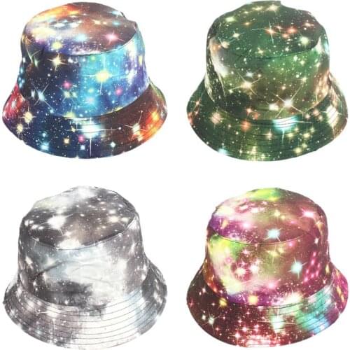 Summer Harajuku Bucket Hat Starry Sky Print Gradient Tie-Dye Graffiti Wide Brim Sunscreen Outdoor Foldable Fisherman Cap