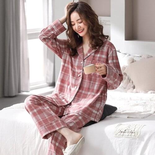 Spring Autumn New Plaid Pajamas For Women Pure Cotton Loungewear Big Size Long Sleeve Trousers 2 Piece Set Pijama Mujer 3XL