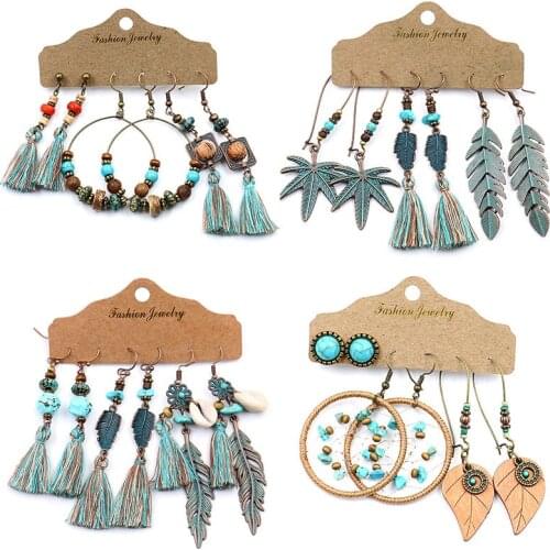 Popular earring set hand-made tassel rice bead thread song stone retro national style ladys Earring manufacturer wholesale