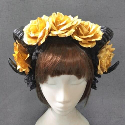 Womens Forest Fairy Queen Headband Accessory Gothic Headband Rose Flower Horn Headpiece Handmade Restyle Cosplay Hair Accessory