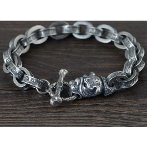Real 925 Sterling Silver Leopard Head men Punk Rock Link oxidized chain bangle Bracelet jewelry gift A5247