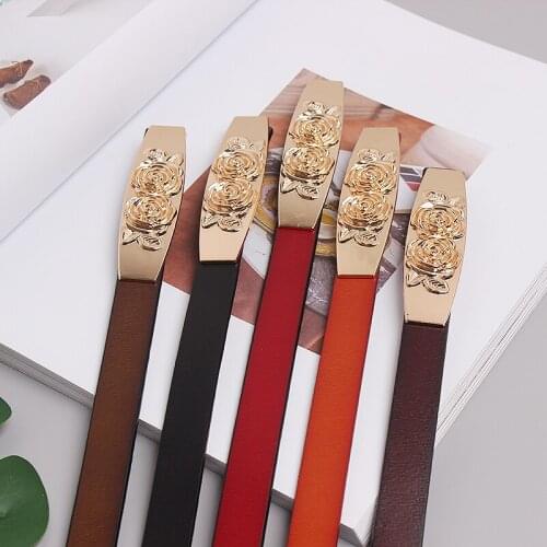 Vintage Rose Buckle Pin Belt Women Real Cow leather Waist Belt Red Coffee Camel Cowskin Slim Belt Autumn Female Dress Belt 2021