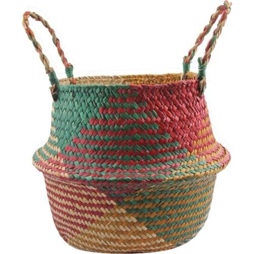 Folding Straw Wicker Storage Basket Handle Garden Flower Pot Planter Laundry Bag