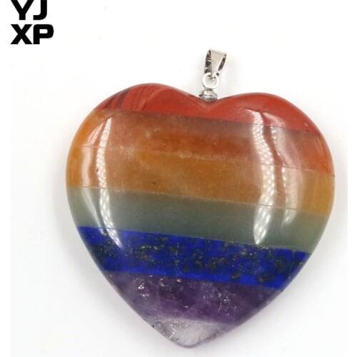 YJXP Trendy Silver Plated Natural Crystal Stone Colorful 7 Chakra Peach Heart Pendant Amulet Jewelry Gift