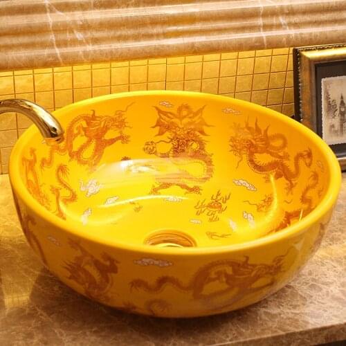 Yellow dragon round Europe style handmade porcelain china Art sinks Counter Top ceramic wash basin bathroom sink