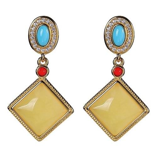 S925 sterling silver gold-plated natural amber turquoise stud earrings retro diamond earring pendant for ladies earrings