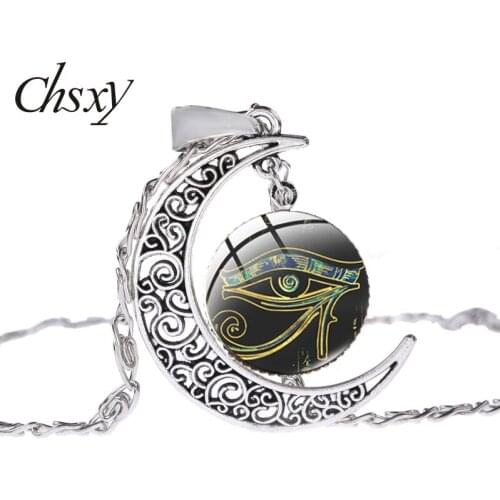 CHSXY Egyptian Gods Power Eye of Horus Moon Pendant Necklace for Women Amulet Symbol Glass Cabochon Neck Pendants Choker Jewelry