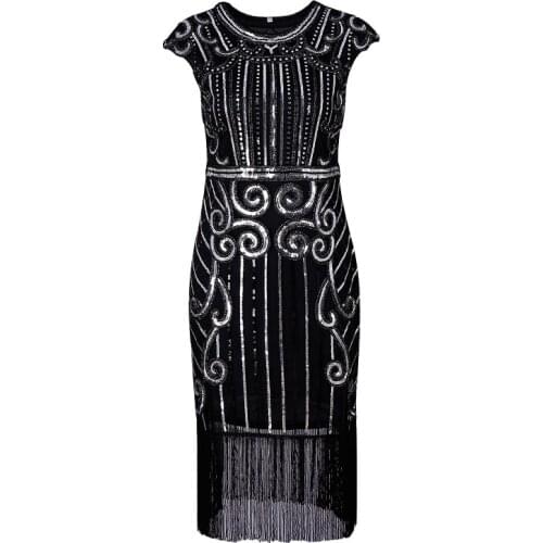 1920s Vintage Inspired Sequin Embellished Fringe Long Gatsby Flapper Dress Cap Sleeve O Neck Women Retro Party Dress