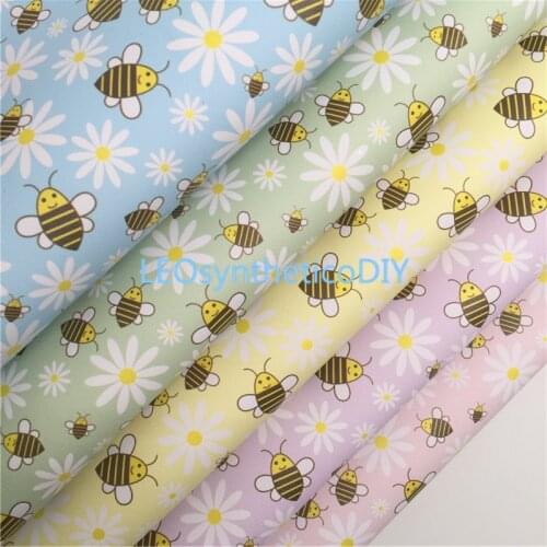 1PC 21X29CM Bees Daisy Flowers Printed Glitter Suede Leather Soft Felt Backing Faux Fabric Making Bows LEOsyntheticoDIY 6S25B