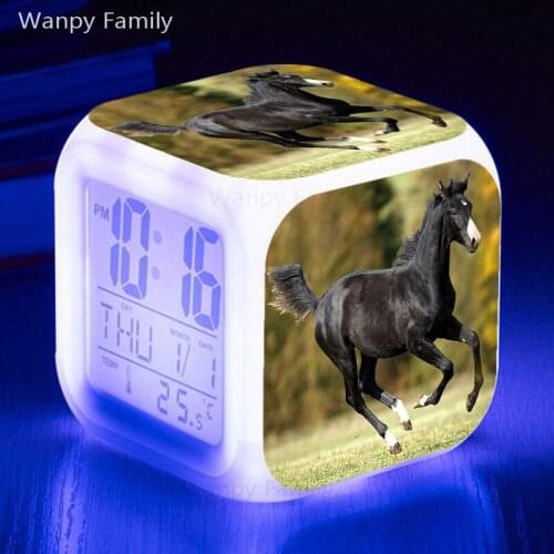 Running Black Horse Alarm Clock 7 Color Glowing Multifunctio Digital Alarm Clock Home Decor Bedside Touch Flash Electronic Clock