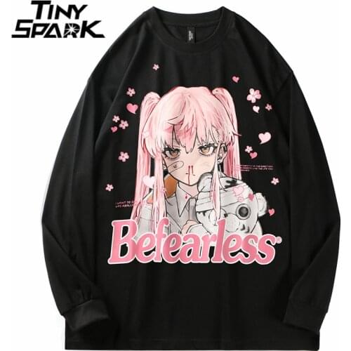 Hip Hop Men Streetwear T Shirt Anime Girl Letter Print T-Shirt 2021 Autumn Long Sleeve Tshirt Harajuku Cotton Casual Tops Tees