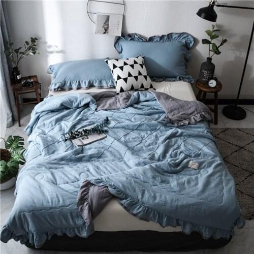Blue Cute Washed Summer Quilt Bedspread Simple Air Conditioner Throw Blankets Lace Comforter Nap Bed Cover For Girls