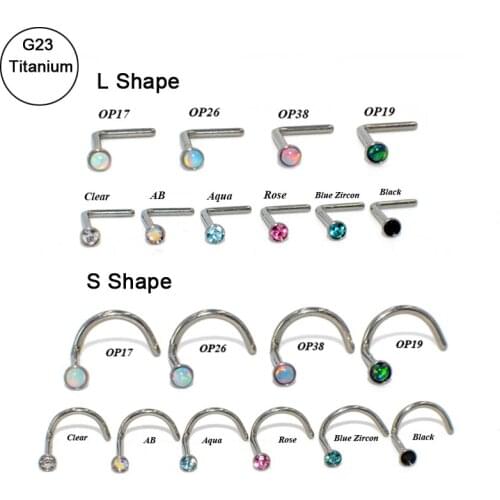 CHUANCI 2 pcs Titanium With Opal CZ Gem L Shape & Screw Shape Nose Piercing Jewelry Nose Stud Ring For Woman&Girl