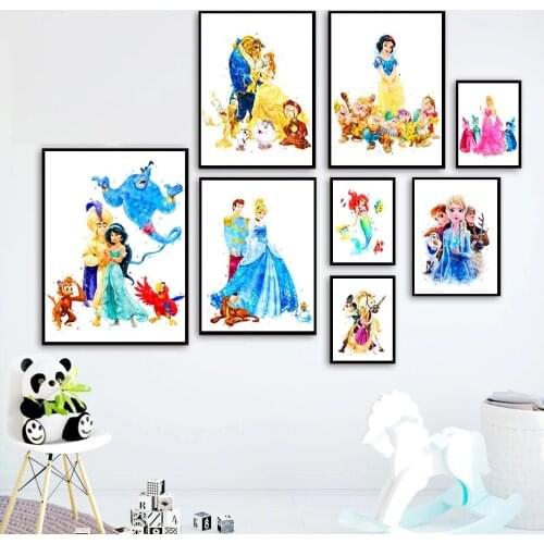Cartoon Watercolor Couples Art Poster Disney Princess &Their Husband Canvas Painting Prints Nursery Wall Art for Kids Room Decor