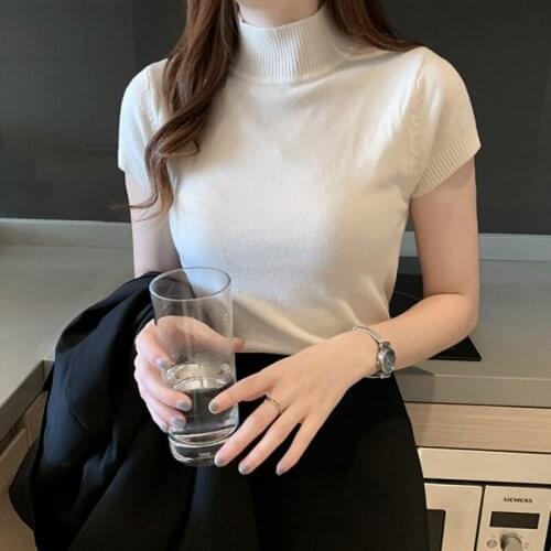 2021 Summer New Women Fashion Knitted Short Sleeve Turtleneck Thin T Shirt Tops Slim Tee Shirt Casual Tops