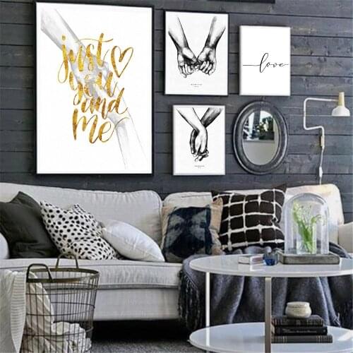 Nordic Hand In Hand Poster Golden Quotes Canvas Painting Abstract Lover Heart Art Prints Minimalist Wall Art Pictures Home Decor