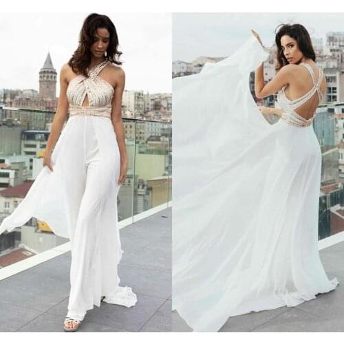 Romantic Wedding Jumpsuit Halter Backless Beach Bridal Dresses Chiffon Sequined Outfit Reception Gowns Pants Suit