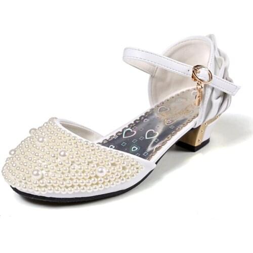 Fashion 2021Summer Wedding Flower Girls Shoes High-Heeled Princess Pearl Beading Sandals Children Dance Performance Single Shoes