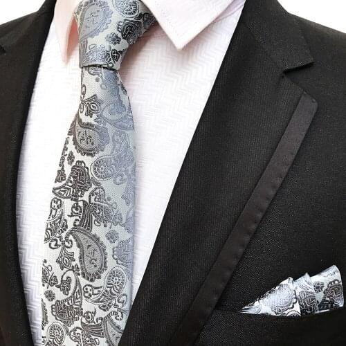 Silver Gray Paisley Pattern Formal Necktie Pocket Square Set High Quality Woven Cravat Sets