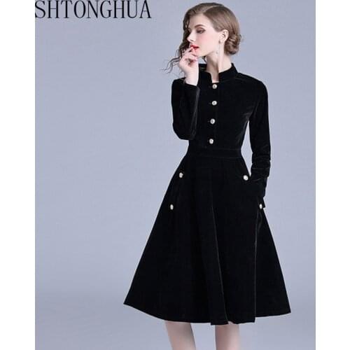 SHTONGHUA Plus Size 3XL Dress Women Winter Velvet Dresses single breasted 2019 Dames Long Sleeve Black Office Retro Party Dress