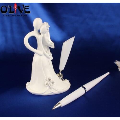 Bride Groom Wedding Signing Pen Gift Box White Resin Bridal Shower Sign In Pen Guest Register Signature Pen Feather Wedding