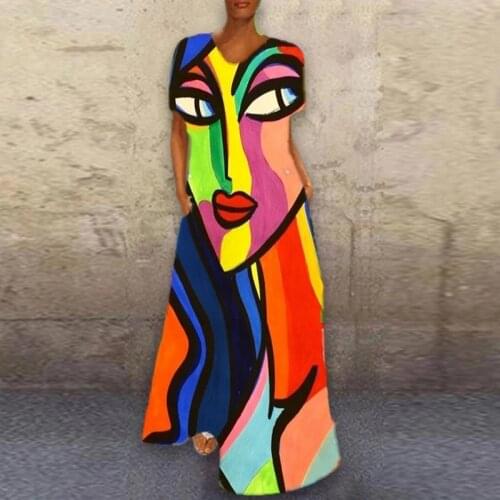 URIFENS Plus Size Maxi Dress 2021 Vintage V Neck Abstract Cartoon Print Summer Dress Women Elegant Long Party Dresses LN12U