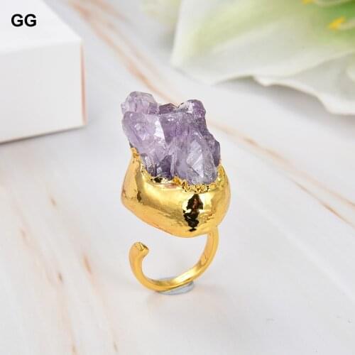 GuaiGuai Jewelry Natural Amethsyt Druzy Cluster Freedom Shape Gold Electroplated Ring Adjustable Women Fashion Jewelry