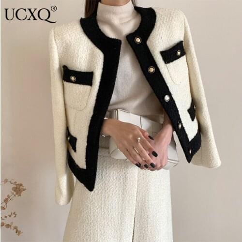 UCXQ Woman Tweed Jacket Black Hit Color White Long Sleeve O Collar French Ladies Vintage Style 2021 New Autumn Tide 23XM485