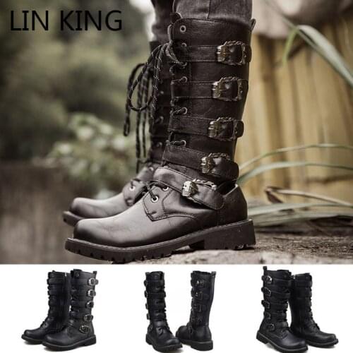 LIN KING Plus Size Spring Autumn Men Long Boots Vintage Black Lace Up Male Motorcycle Boots Punk Round Toe Cowboy Western Boots